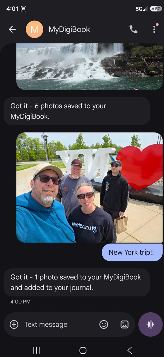 A text conversation showing photos being saved to MyDigiBook